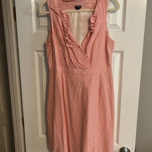 J Crew coral and white seersucker dress with ruffle neck